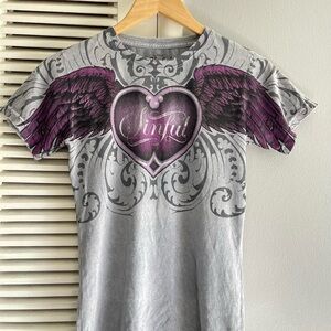 Vintage Y2K Sinful Wings Cross Gray Tee with Black Accents